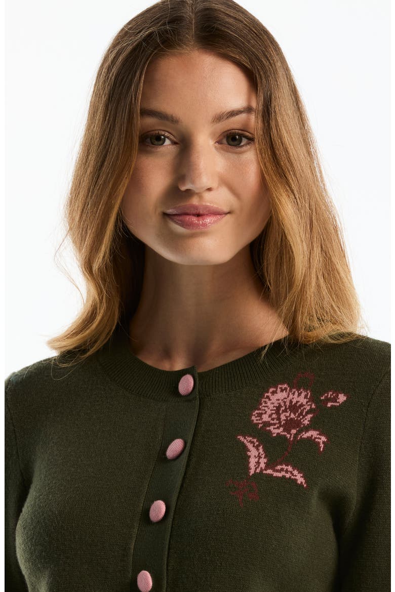 Floral Crewneck Cardigan, Alternate, color, OLIVE NIGHT