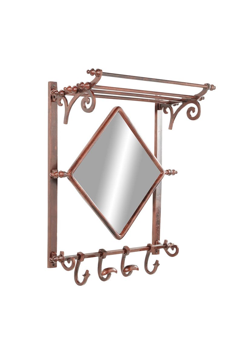Copper Bathroom Wall Rack with Hooks & Mirror, Main, color, BROWN