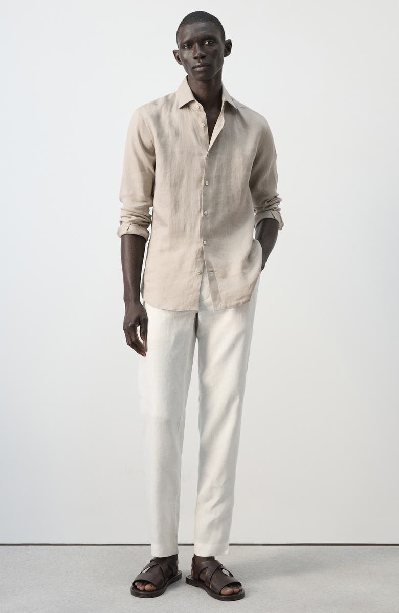MANGO Slim Fit Linen Button-Up Shirt, Alternate, color, Sand
