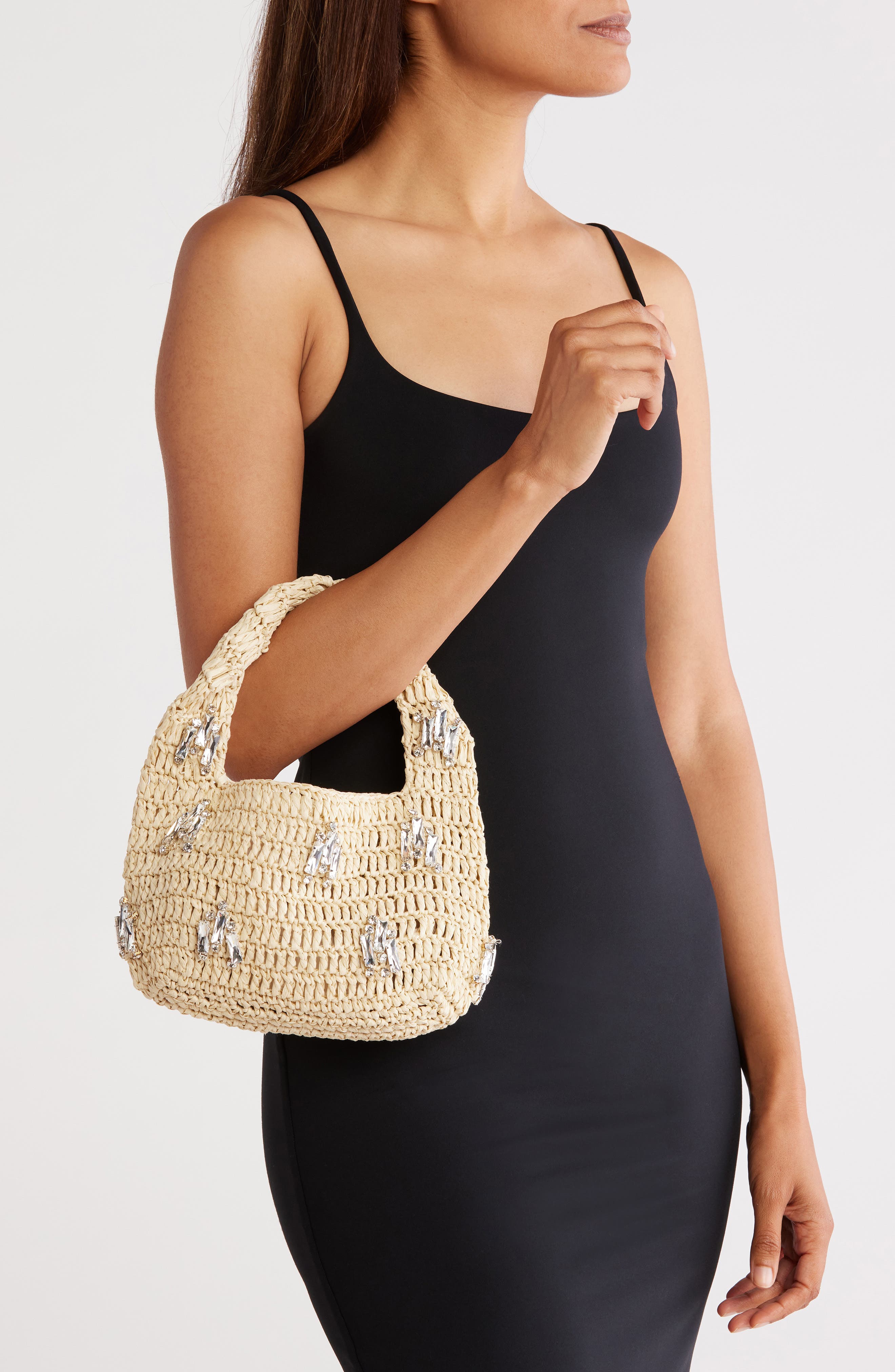 URBAN EXPRESSIONS HANDBAGS Rhinestone Straw Shoulder Bag, Alternate, color, Natural