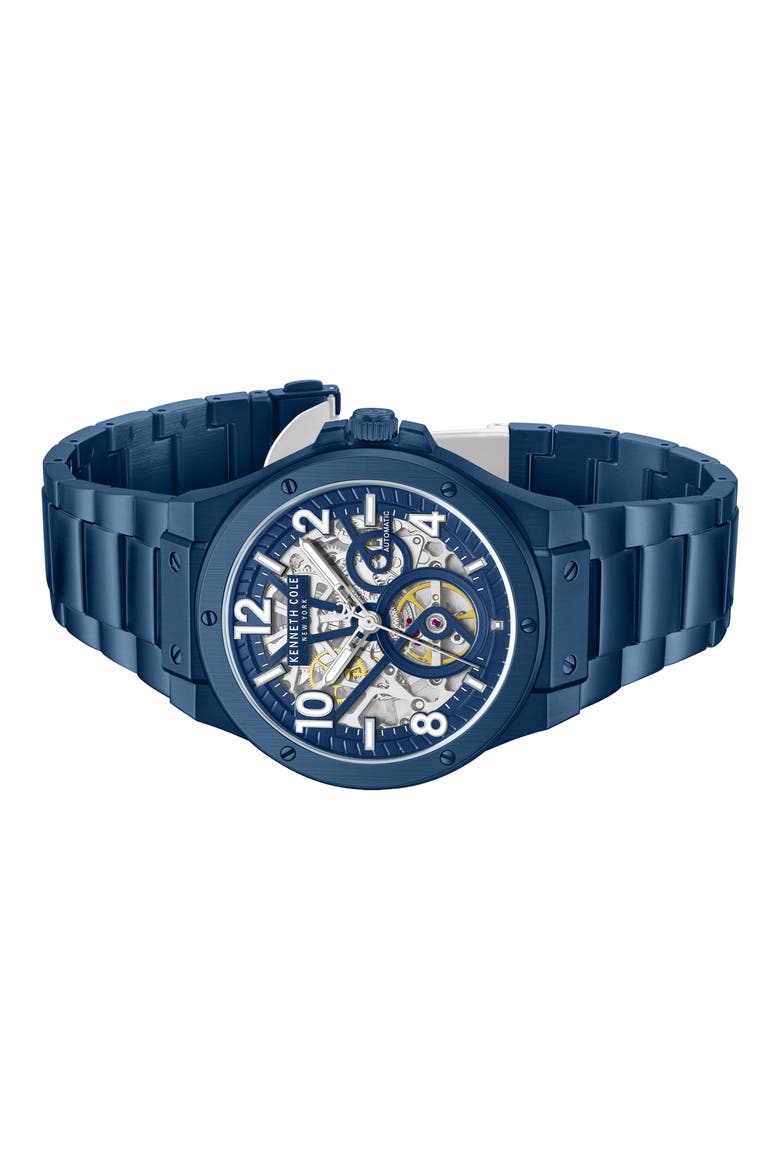 Skeleton Dial Automatic Bracelet Watch, Alternate, color, BLUE