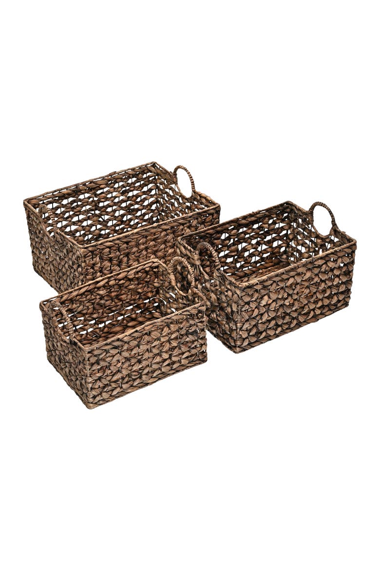 Quinn Bohemian Cottage Woven Hyacinth Rectangular Storage Baskets with Handles,, Alternate, color, Brown