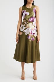 Anne Klein Floral Print Sleeveless Satin Midi Dress