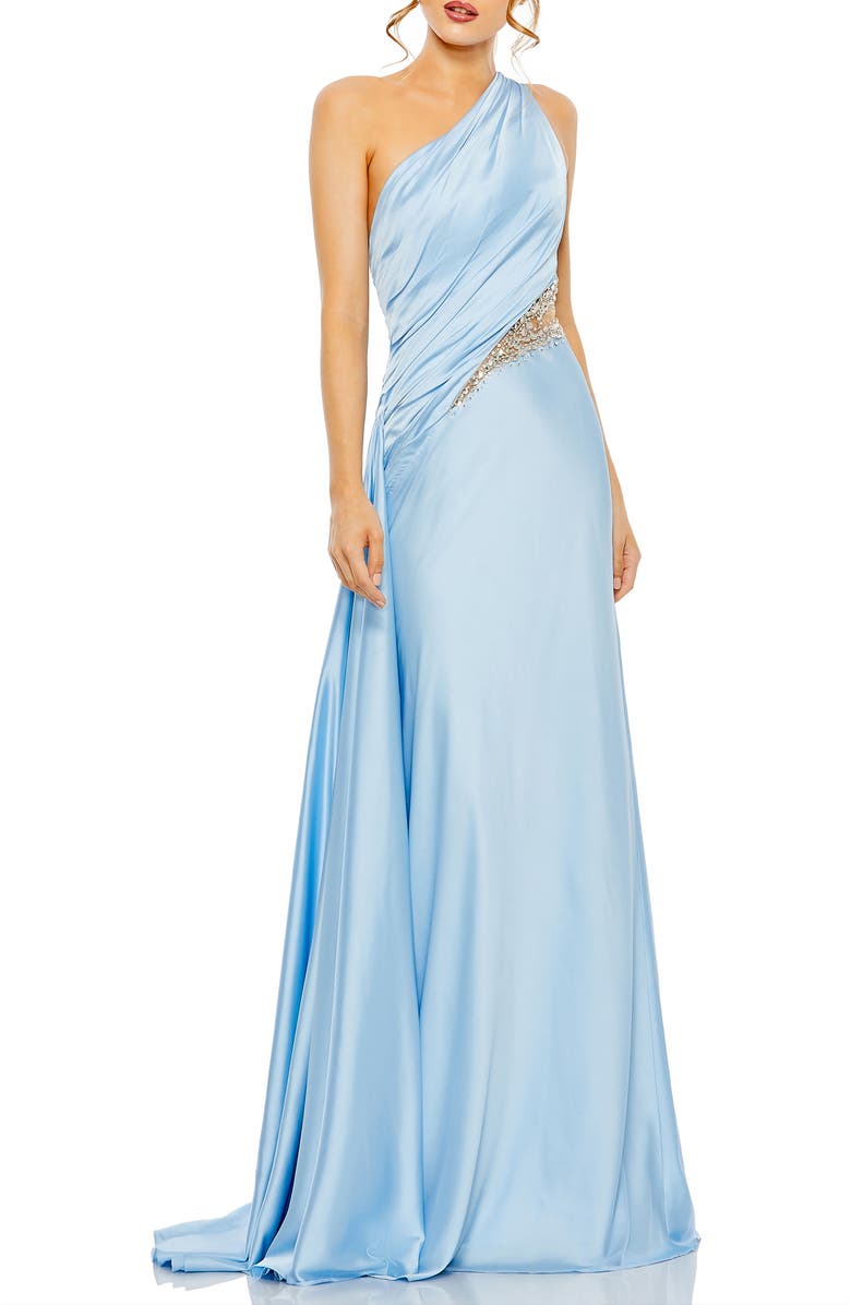 Mac Duggal One Shoulder Embellished Satin Gown, Main, color, Powder Blue