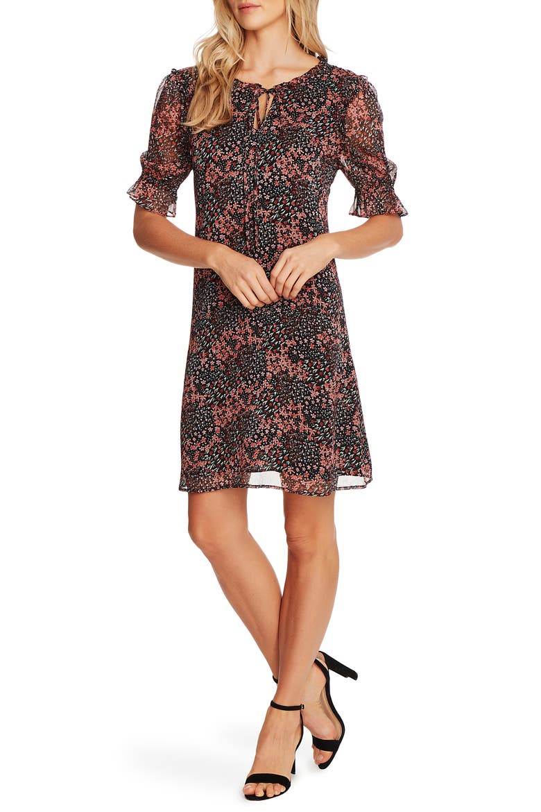Ditsy Blossom Puff Sleeve Chiffon Dress, Main, color, RICH BLACK