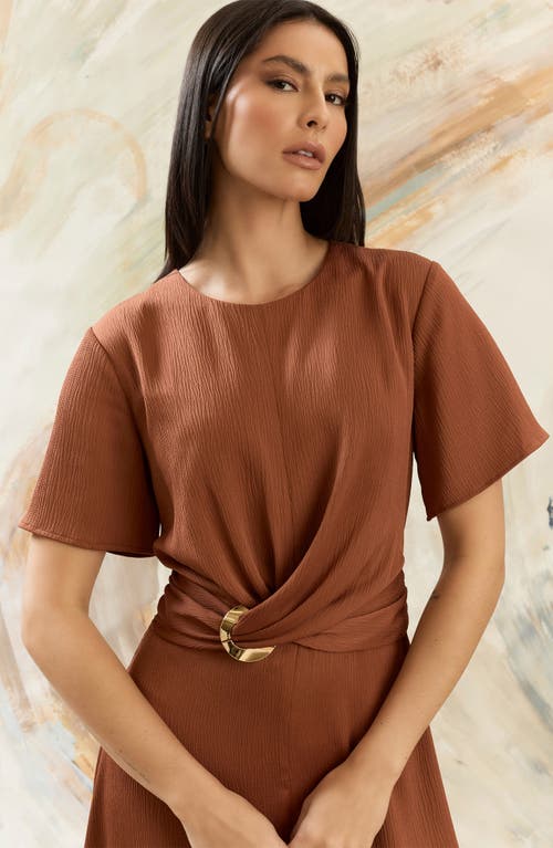 Maggy London Buckle Detail Hammered Satin Midi Dress In Brown