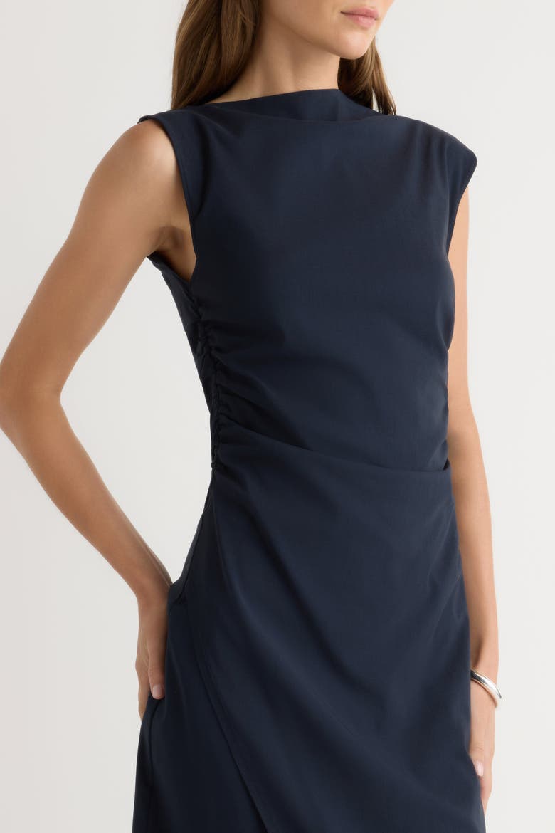 Manon Asymmetric-Neck Ruched Dress, Alternate, color, Navy