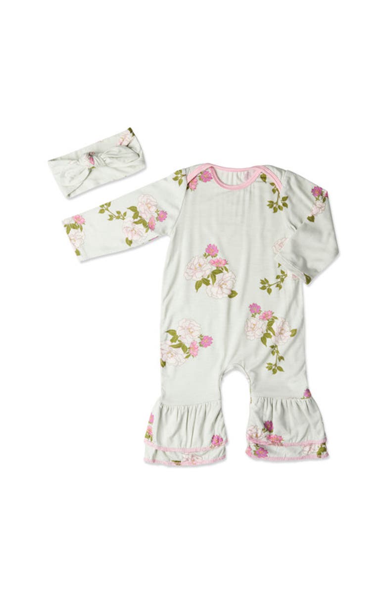 Everly Grey Ruffle Romper & Head Wrap Set, Main, color, Peony