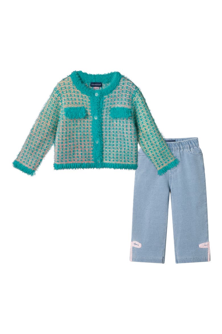 Stripe Cardigan & Pants Set, Main, color, AQUA
