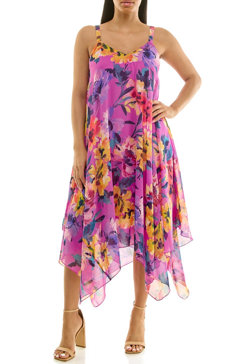 Patterned Handkerchief Hem Dress, Main, color, FUSCHIA MULTI