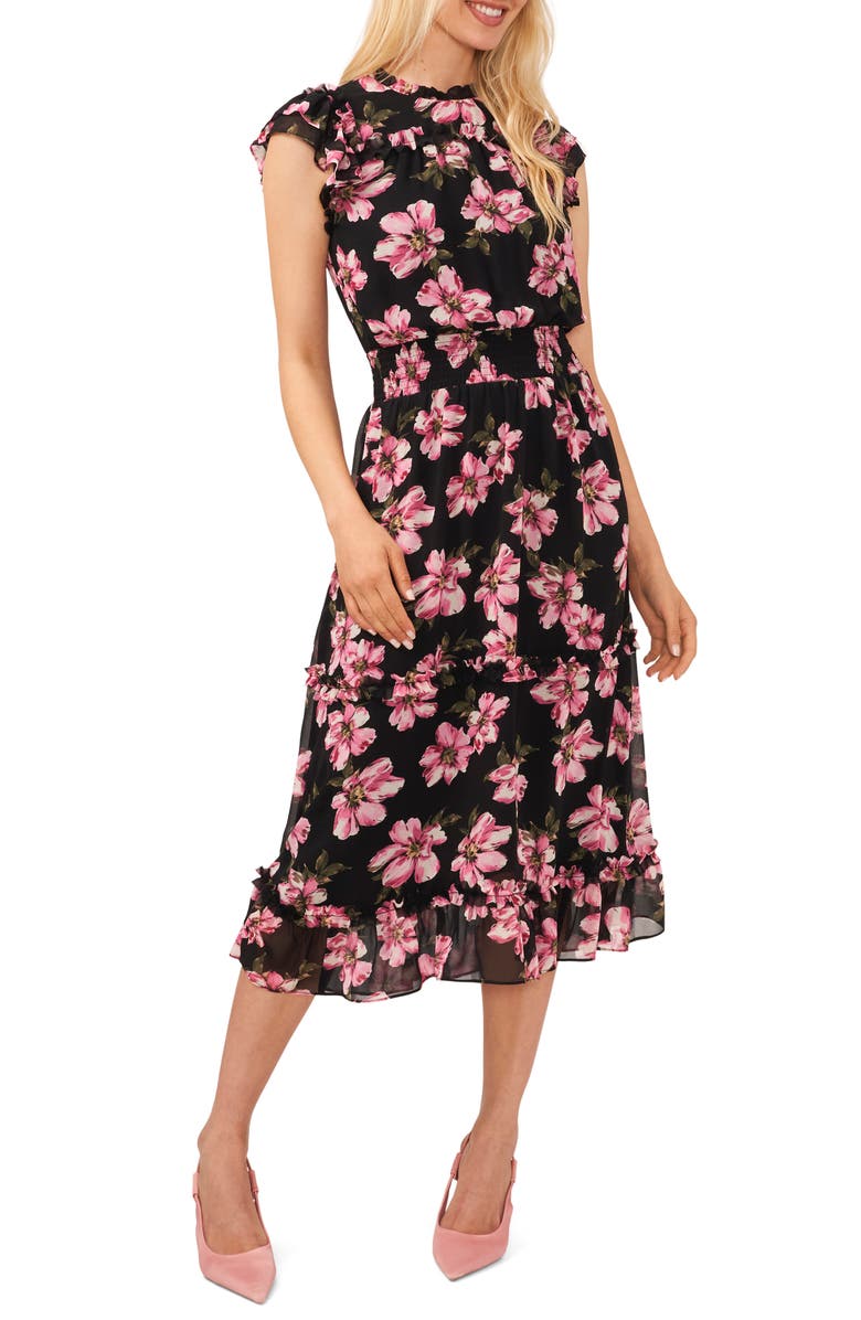 CeCe Floral Ruffle Midi Dress, Main, color, Rich Black
