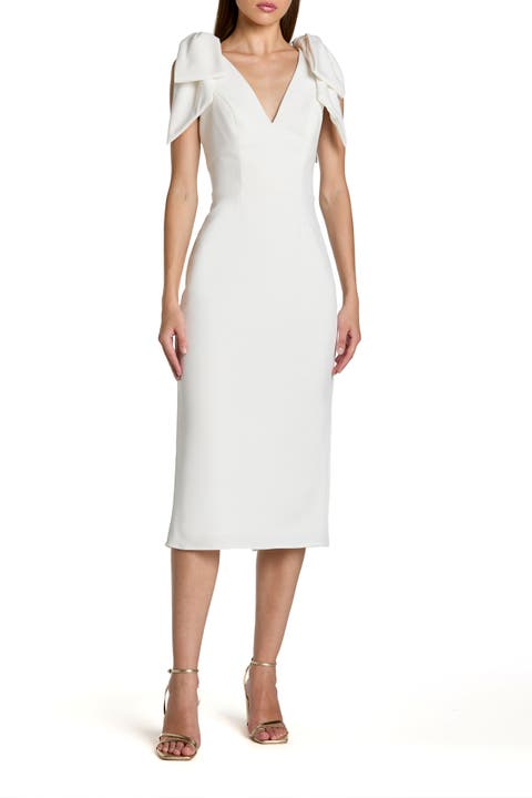 Bow Strap Crepe Fitted Midi Dress