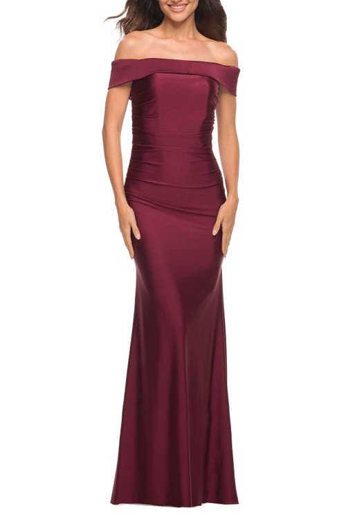 La Femme Off The Shoulder Elegant Long Evening Gown In Wine