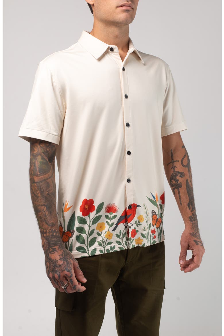 Aqua Terra Floral Fauna Tech Short Sleeve Performance Button-Up Shirt, Alternate, color, SAND MULTI