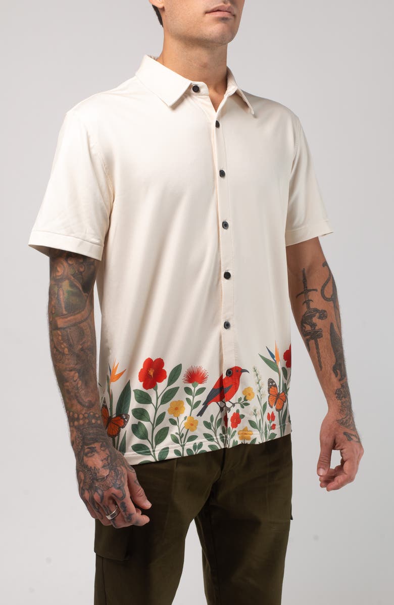 VAST Aqua Terra Floral Fauna Tech Short Sleeve Performance Button-Up Shirt, Alternate, color, Sand Multi