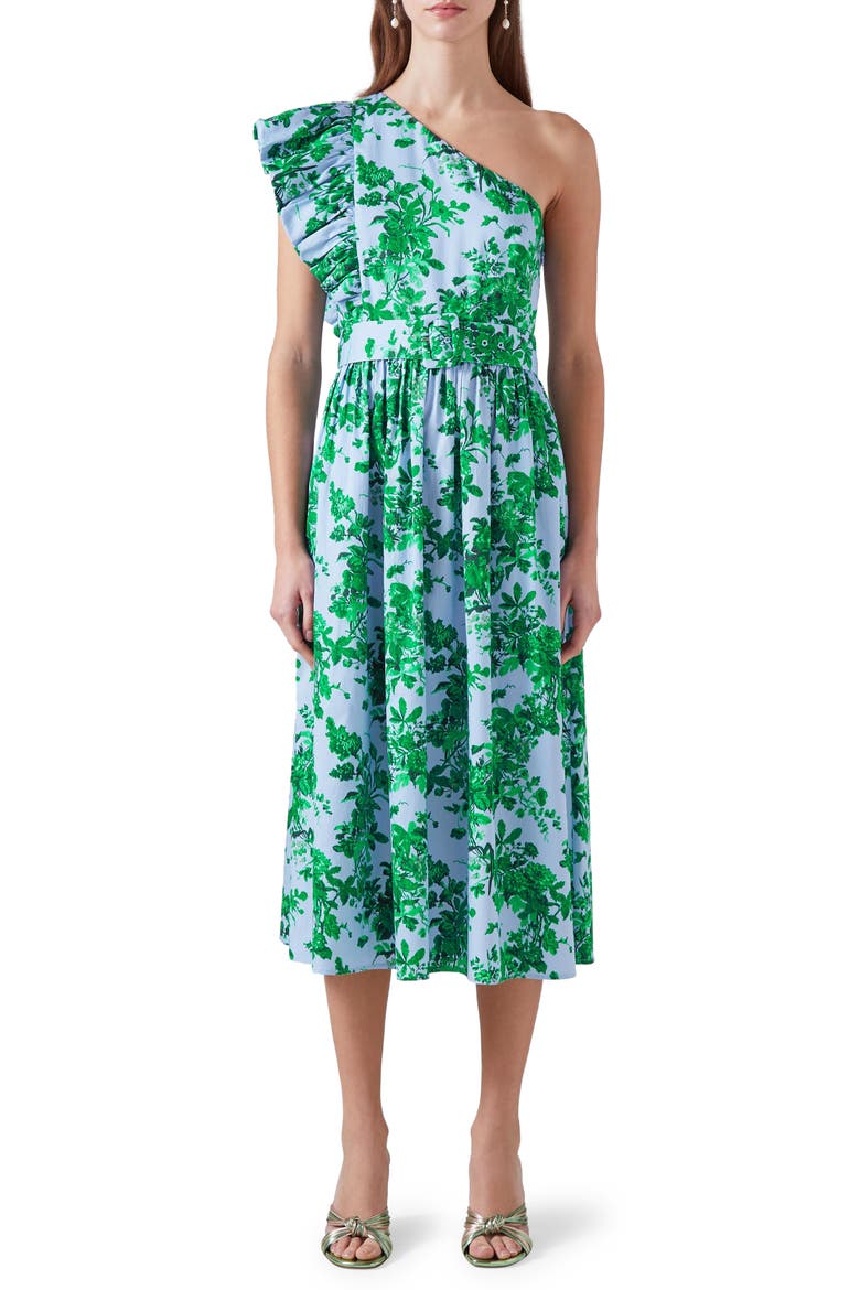 Maud Neon Print Belted One-Shoulder Midi Dress, Main, color, BLUE