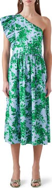 LK Bennett Maud Neon Print Belted One-Shoulder Midi Dress