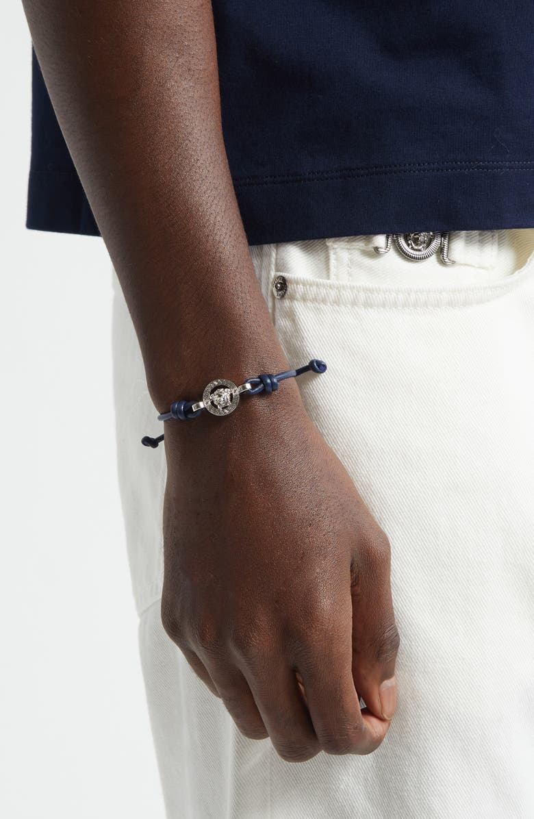 Versace Medusa Leather Bracelet, Alternate, color, Navy-Palladium