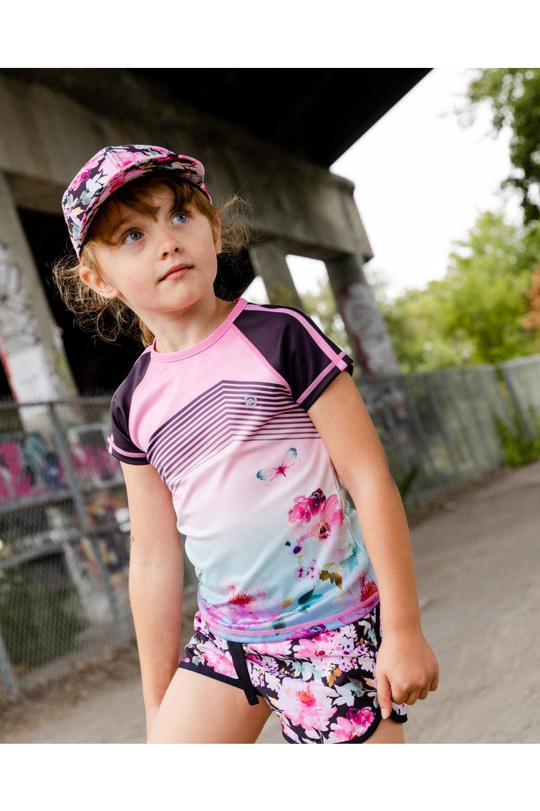Girl's Short Sleeve Athletic Top Gradient Pink Printed Big Flowers, Alternate, color, Gradient Pink Big Flowers