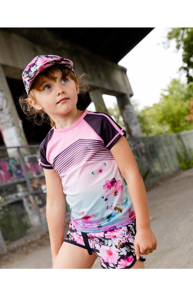 Deux par Deux Girl's Short Sleeve Athletic Top Gradient Pink Printed Big Flowers, Alternate, color,