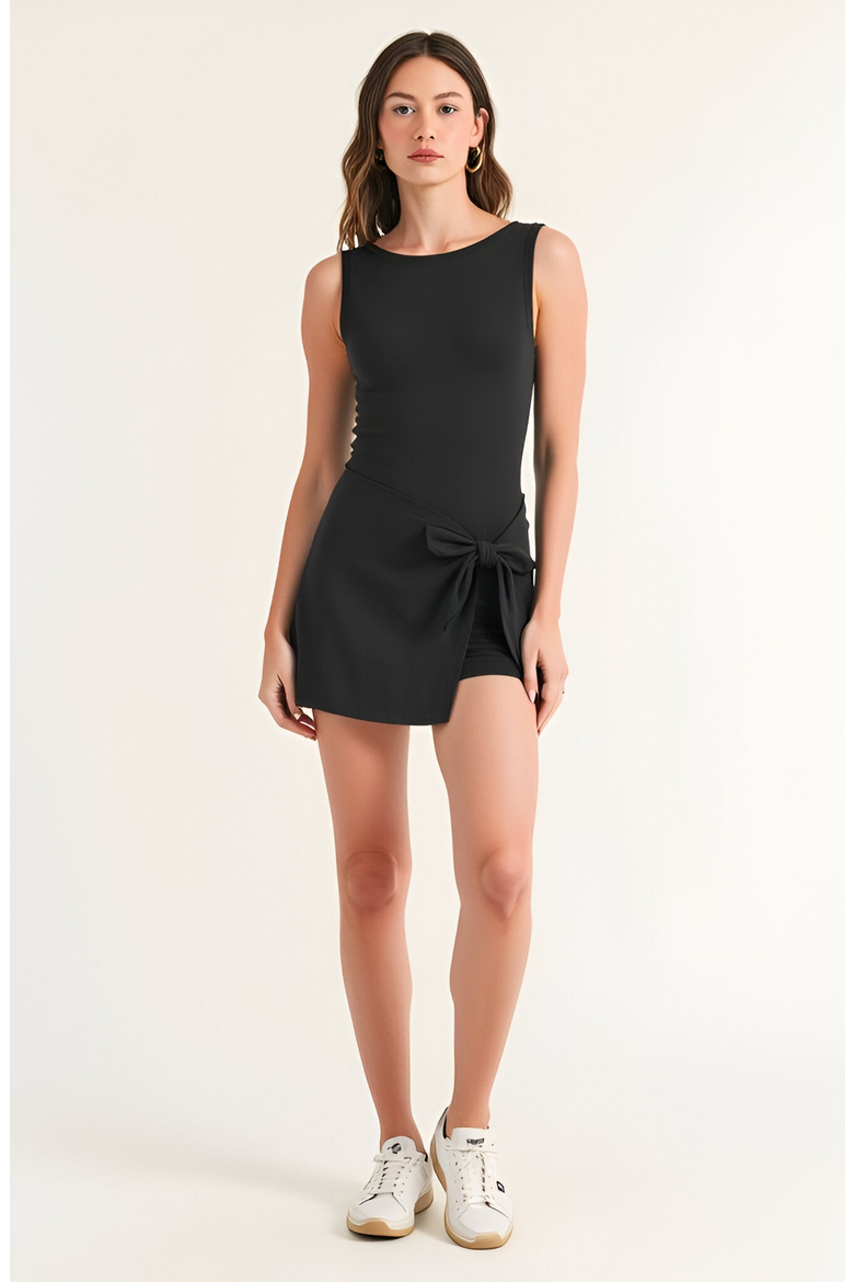 Sleeveless One-Piece Active Dress with Faux Wrap Skirt and Side Tie Detail, Alternate, color, Black