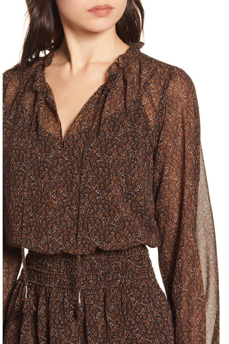 Long Sleeve Smocked Waist Chiffon Minidress, Alternate, color, BROWN GEO