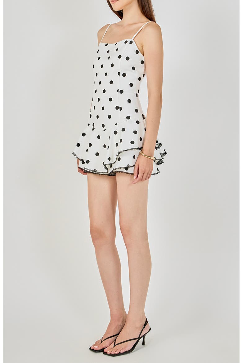 Polka Dot Lace Trimmed Romper, Alternate, color, IVORY/BLACK