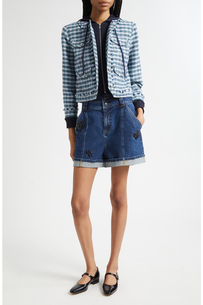 Embellished Cuffed Denim Shorts, Alternate, color, OCEANE