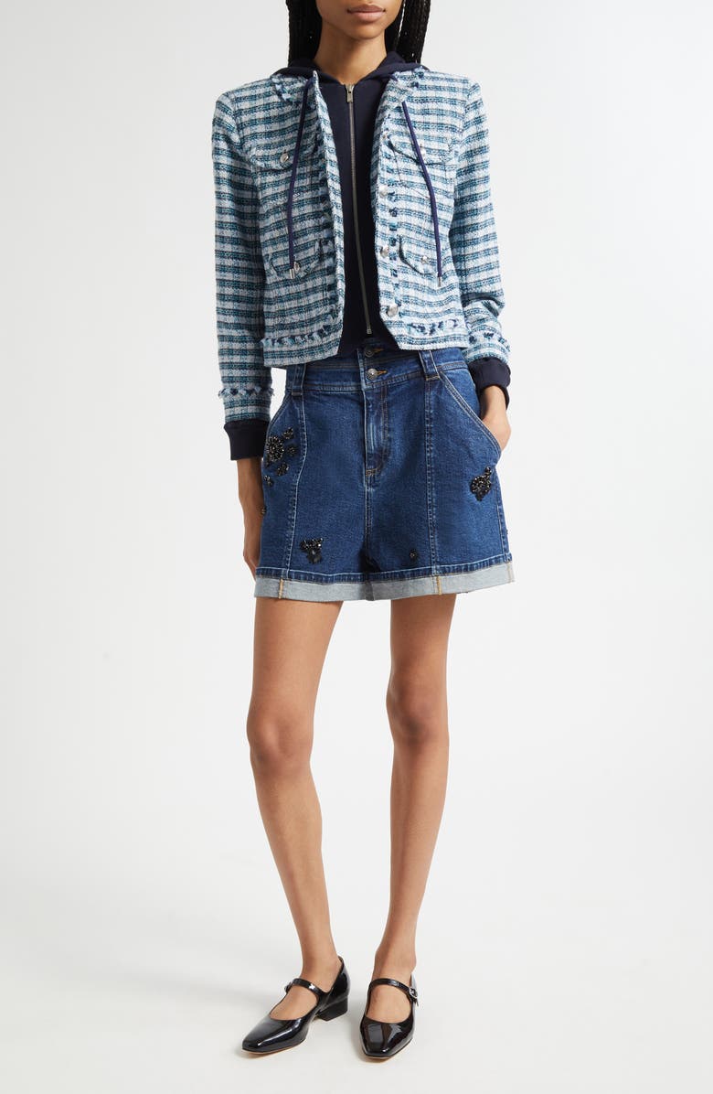 Cinq à Sept Embellished Cuffed Denim Shorts, Alternate, color, 