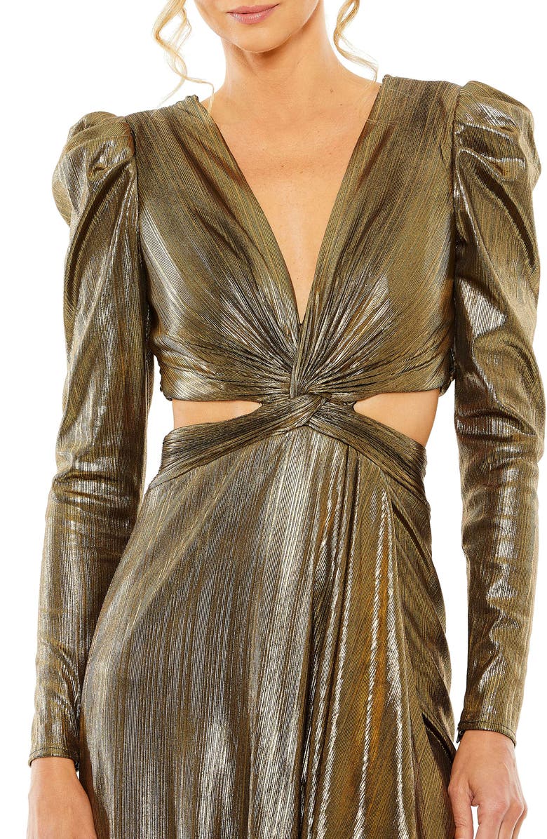 Mac Duggal Princess Sleeve Cut Out Metallic Gown, Alternate, color, Antique Gold