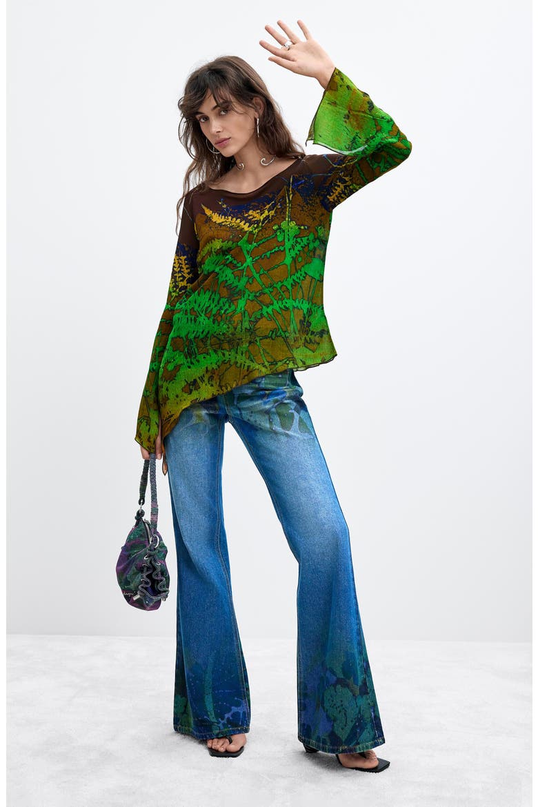 Asymmetric Printed Flared Sleeve Blouse, Alternate, color, GREEN