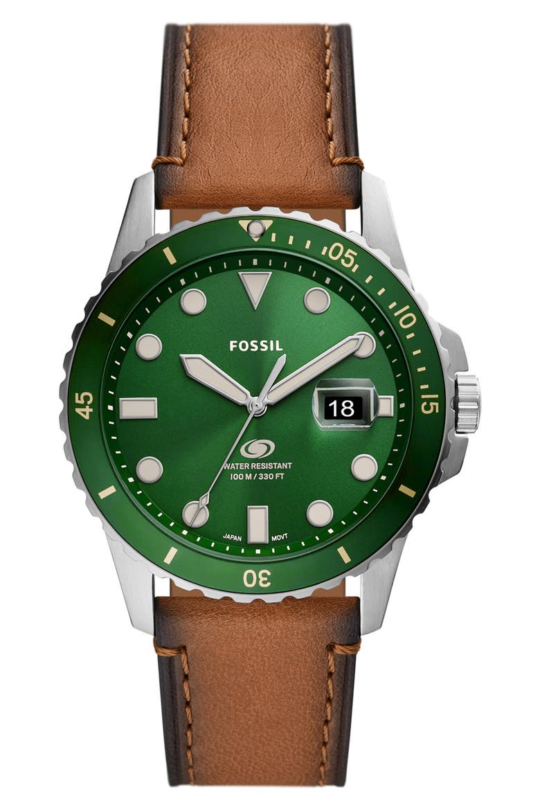 Leather Strap Watch, 42mm, Main, color, BROWN/SILVER/GREEN