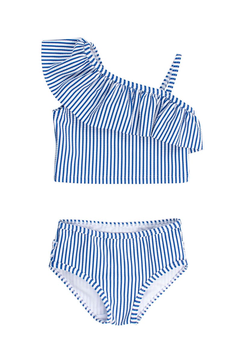 RuffleButts UPF50+ Sun Protected Seersucker One Shoulder Ruffle Tankini 2-Piece Swimsuit, Main, color, Blue Seersucker