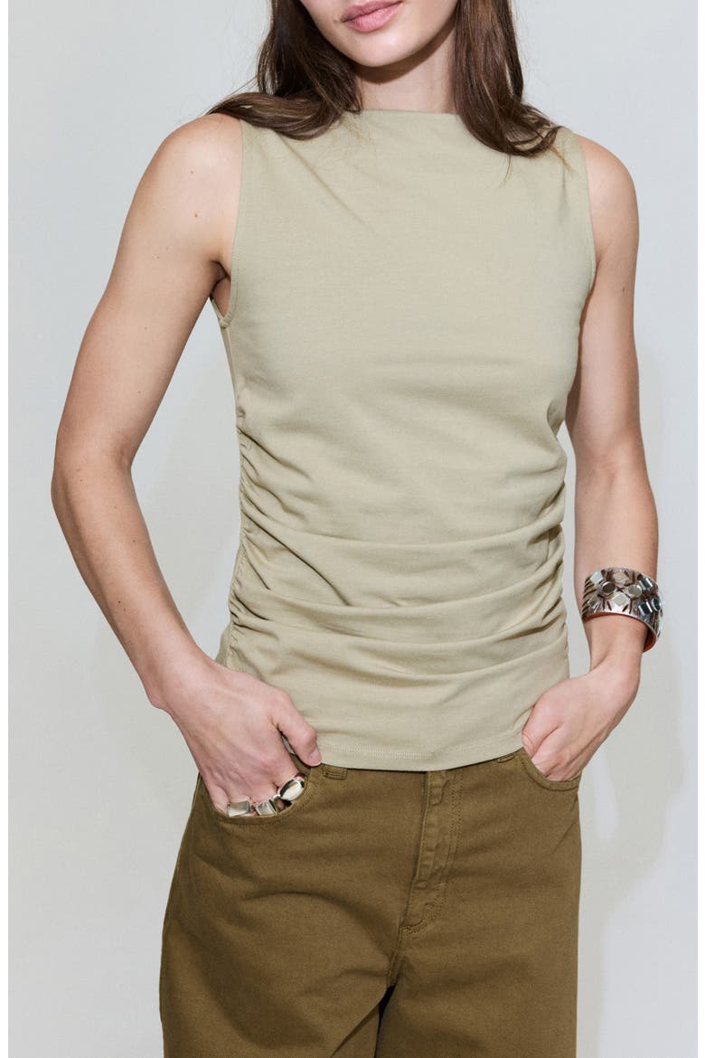Ruched Stretch Cotton Sleeveless Top, Main, color, KHAKI
