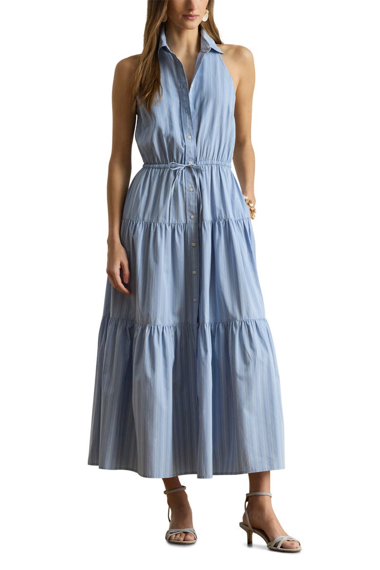 STripe Cotton Broadcloth Sleeveless Tiered Shirtdress, Main, color, BLUE/ WHITE MULTI