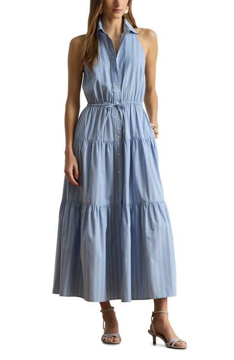 STripe Cotton Broadcloth Sleeveless Tiered Shirtdress (Regular & Petite)