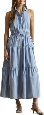Lauren Ralph Lauren STripe Cotton Broadcloth Sleeveless Tiered Shirtdress