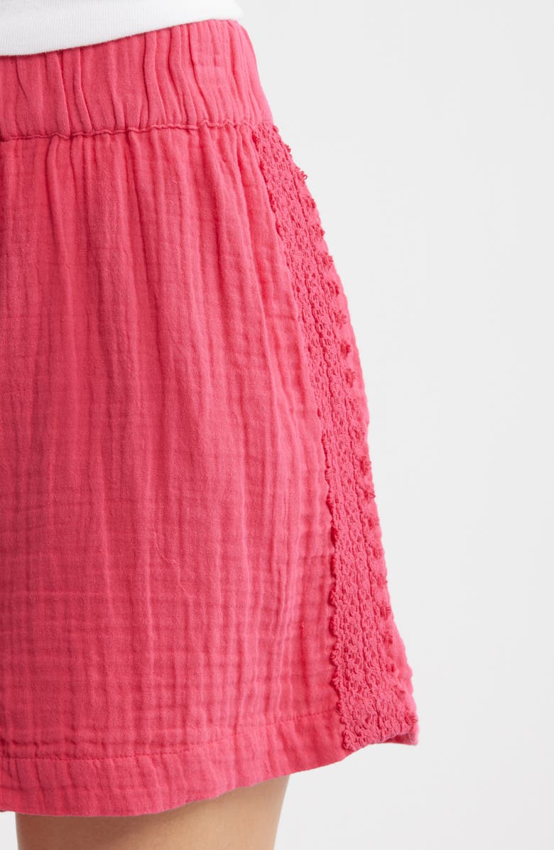 CITY BLUES Crochet Trim Cotton Gauze Shorts, Alternate, color, Bright Rose
