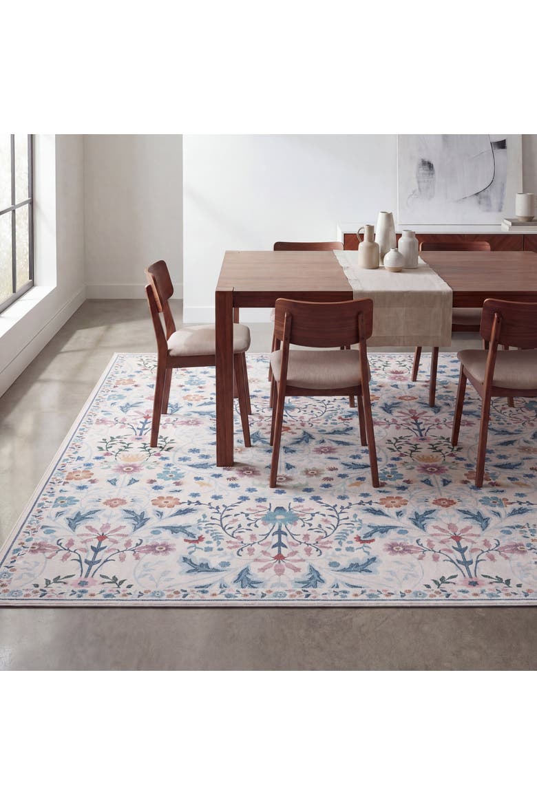 Primrose Art Nouveau Floral Border Non-Slip Machine-Washable Area Rug, Main, color, Cream/Turquoise
