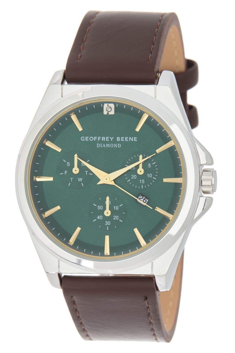 Diamond Dial Leather Strap Watch, 42mm, Main, color, SILVER