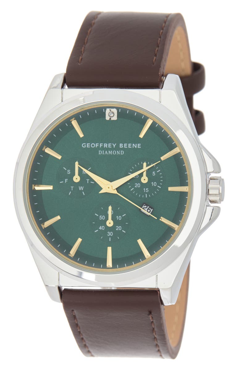 GEOFFREY BEENE Diamond Dial Leather Strap Watch, 42mm, Main, color, Silver