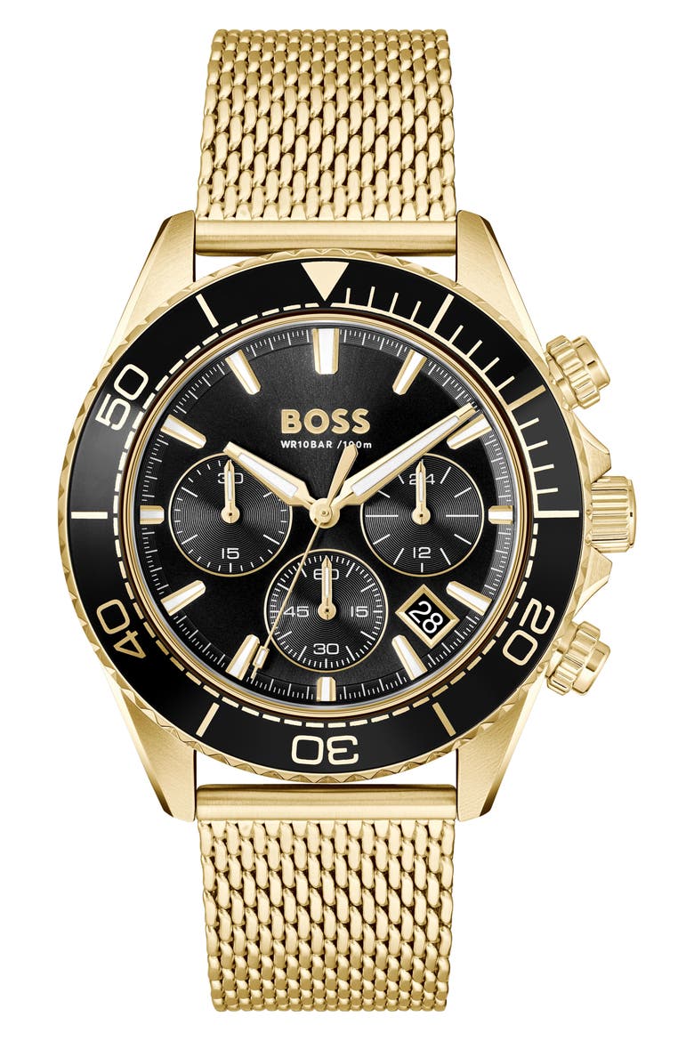 Sealiner Chronograph Goldtone Mesh Strap Watch, 44mm, Main, color, BLACK