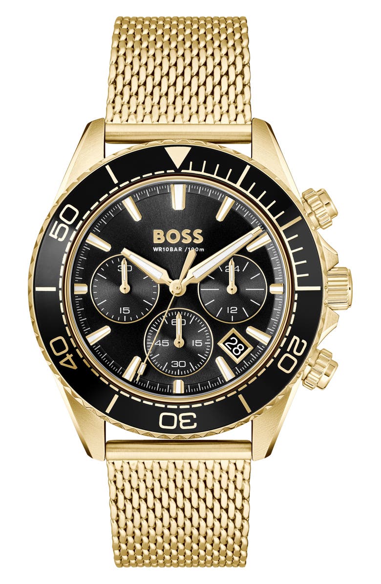 BOSS Sealiner Chronograph Goldtone Mesh Strap Watch, 44mm, Main, color, 