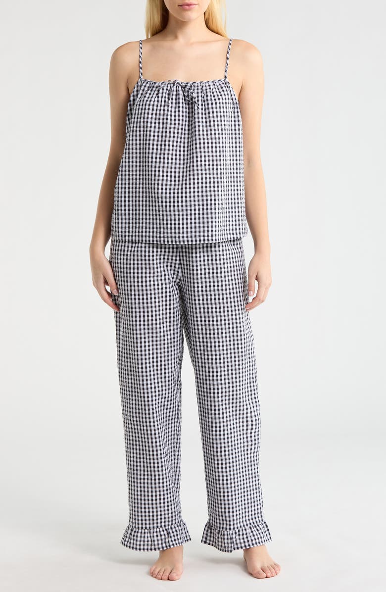 French Connection Gingham Seersucker Cami Pajamas, Main, color, Utility Blue Combo