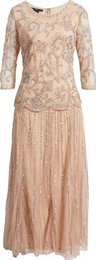 Pisarro Nights Beaded Chiffon Mock Two-Piece Dress