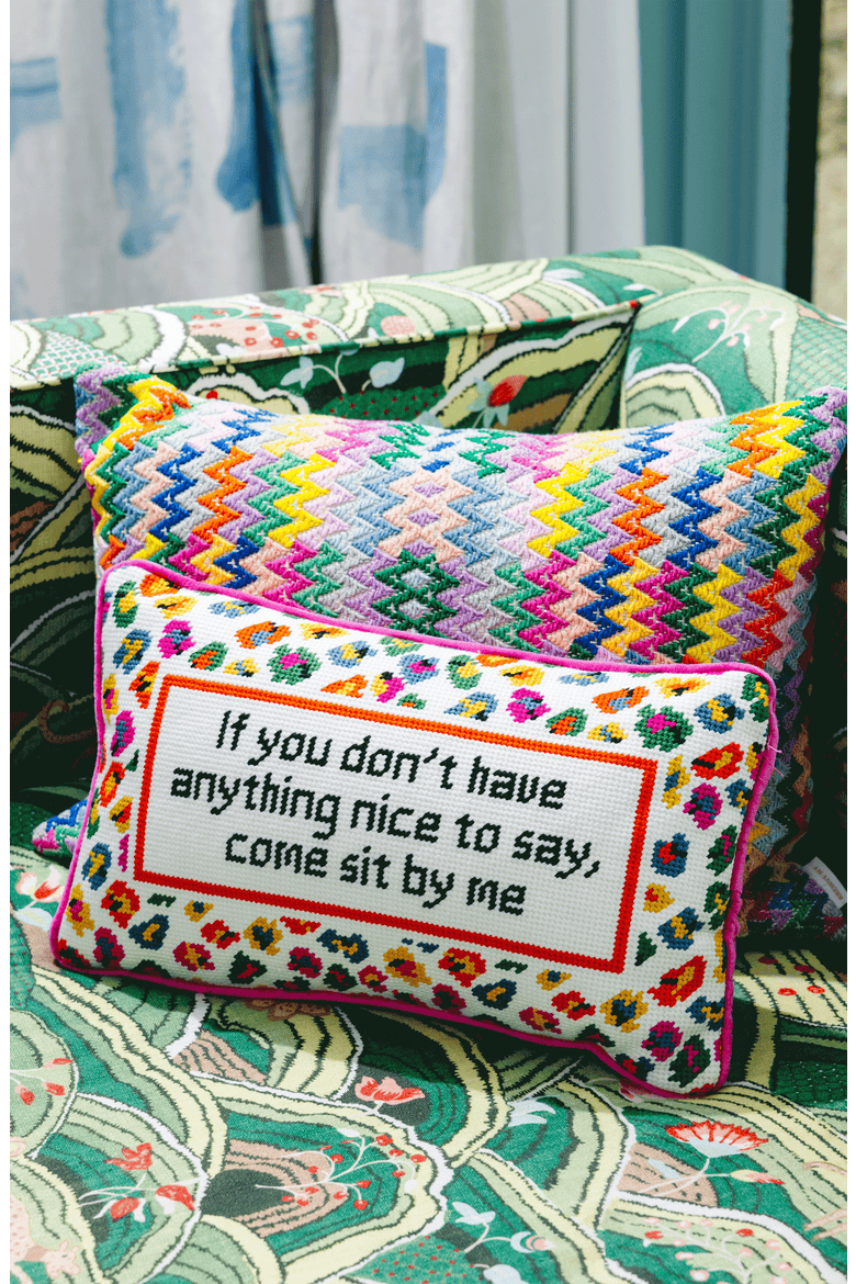 Come Sit By Me Needlepoint Pillow, Alternate, color, Pink, White, Multi