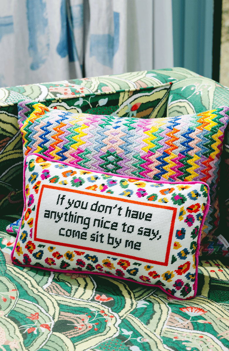 Furbish Come Sit By Me Needlepoint Pillow, Alternate, color, Pink, White, Multi