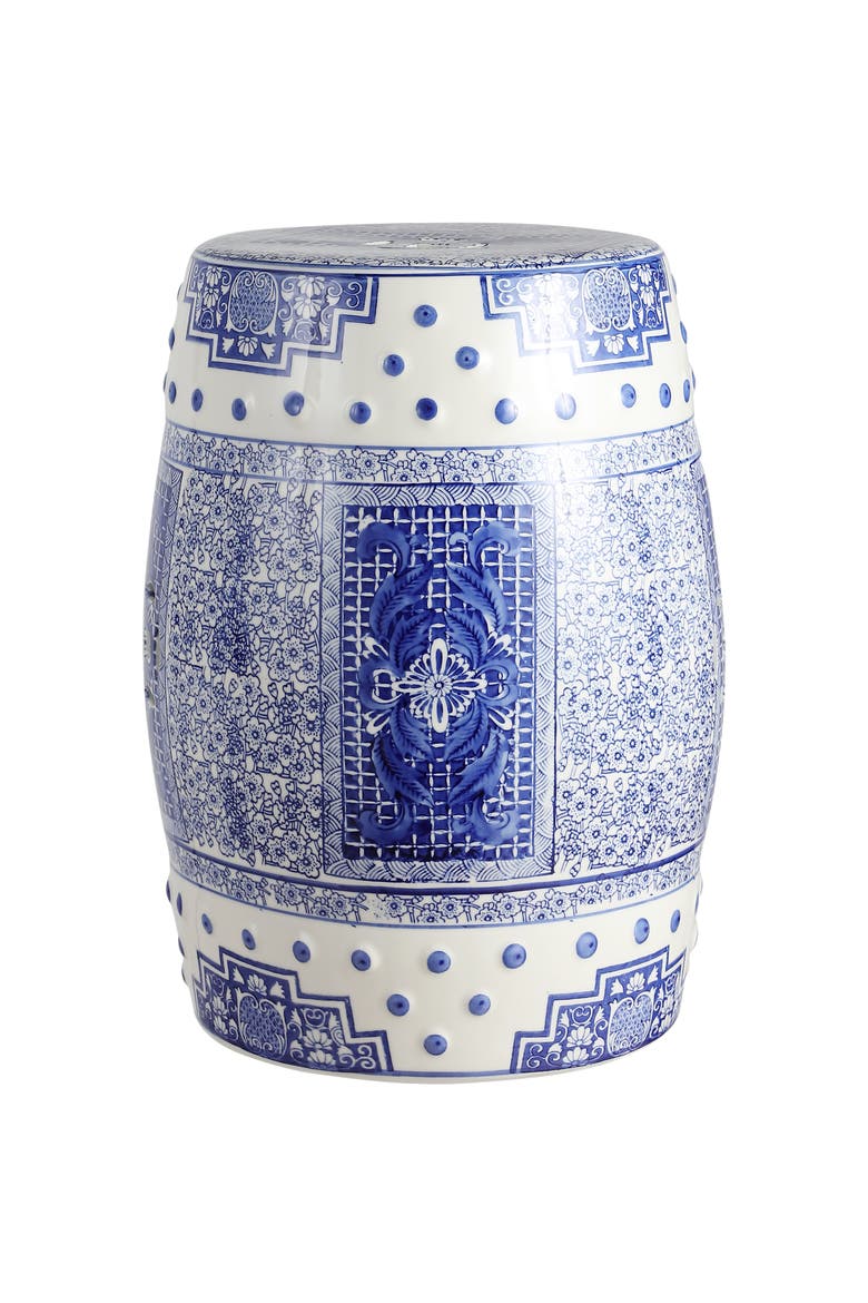 Acanthus Traditional Floral Chinoiserie Ceramic Drum Garden Stool, Pierced Indoor/Outdoor Patio Seat & Side Table, Main, color, Blue/White
