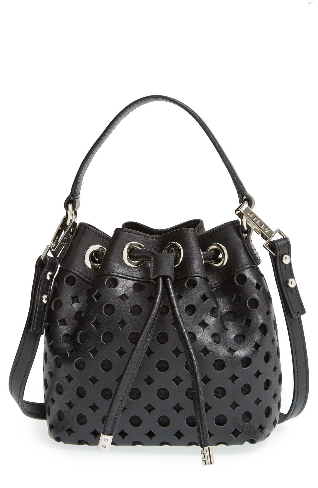 Perforated Leather Bucket Bag, Main, color, BLACK