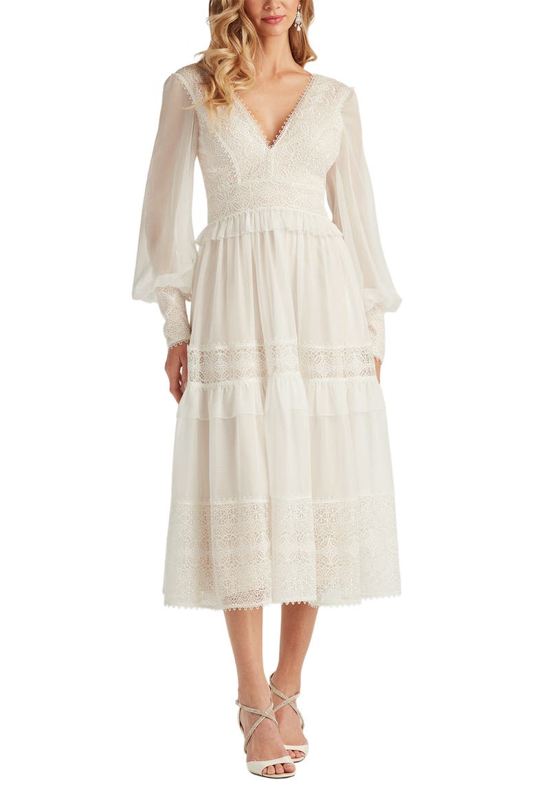 Lace Detail Long Sleeve Cocktail Midi Dress, Main, color, IVORY/ PETAL
